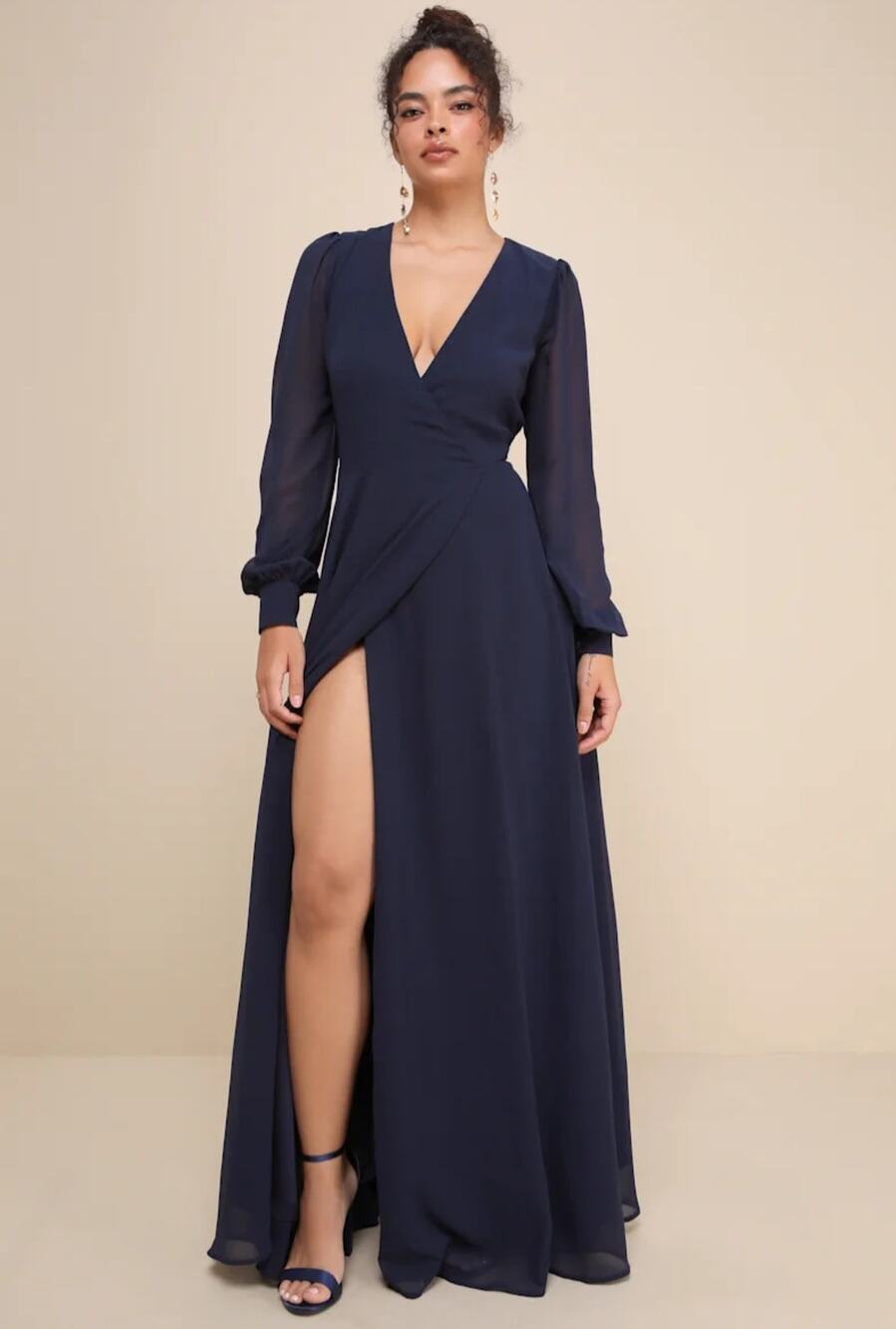 Lulus My Whole Heart Dark Navy Blue Long Sleeve Wrap Maxi Dress Large NWOT